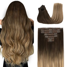 Fimislosion Real Hair Extensions Clip in Human Hair, Seamless Clip in Hair Extensions Real Human Hair, 22 Inch Clip ins extensions for women, Dark Brown to Chestnut Brown and Honey Blonde 120G 7Pcs