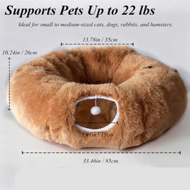 Cat Tunnel Christmas Tree Skirt， Cat Bed Under The Xmas Tree, Soft Plush Kitty Tunnel Bed with Washable Cushion, Two-Entry Peekaboo Round Christmas Cats Donut for Kitten Puppy Rabbit Ferret (Brown)