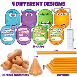 ARUSIMA Nose Pencil Sharpener Valentines - 28 PACK I Pick Your Nose Valentine Card with Valentine Pencils & Nose Pencil Sharpener, Valentine Exchange Cards for School, Valentines Party Favors for Kids