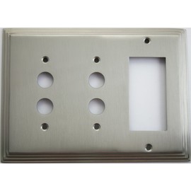 Satin Nickel Deco Step Style 3 Gang Wall Plate - 2 Push Button Switch 1 GFI/Rocker Opening