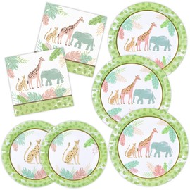 ECOHOLA Safari Birthday Party Supplies 9" Disposable Dinner Plates 7" Dessert Plates 6.5" Luncheon Napkins for Wild One Safari Animal Jungle Theme Party Baby Shower Birthday Decorations, Serve 50
