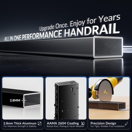 1 Pack 8FTx 2"x1" Aluminum Black Handrail with Self Drilling Screws Nylon End Caps, AAMA 2604 Coating, 2.8mm Thick Flat Handrail Cuttable Top Rail for Deck Stair Railing Indoor Outdoor