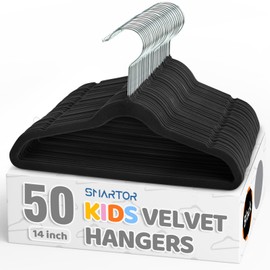 Premium 14 Inch Kids Hangers 50 Pack, Black Baby Velvet Hanger, Non Slip, Space Saving Felt Hangers Clothes Organizers for Closet with 360° Swivel Hook for Children, Toddler & Teens