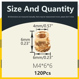 Mardatt 120 pieces M4 x 6 x 6 Brass Thread Inserts for Plastic Brass Inserts 3D Printing Knurled Nut Brass Embedded Nut Heat Set Insert for 3D Printing Plastic