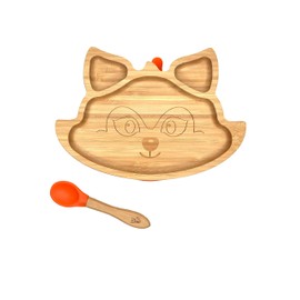 Kleiner Fuchs High-quality bamboo plate with suction cup, non-slip suction cup with matching baby spoon makes meals fun, bamboo tableware set with gift box - learning to eat with fox design