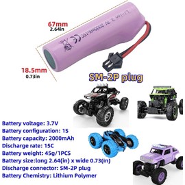 3PCS 3.7V 2000mah SM-2P Plug Lithium Battery with USB Charging Cable for DE68 DE44 DE45W DE45 DE58 DE49 DE57 DE70 Off-Road Vehicle Truck Tank RC Remote Control Toy Car
