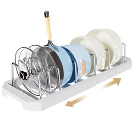 Yorbay Extendable Pot Lid Holder for Cupboard Drawer: Expandable Pans Organiser with 7 Adjustable Compartments - Pan Holder for Kitchens, Pot Lids and Pots, White