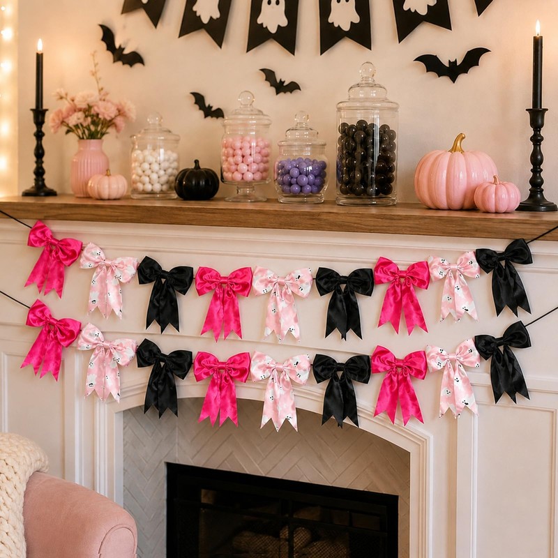 2 Strings Halloween Bow Garland 9.8Ft Pink Black Fabric Bow
