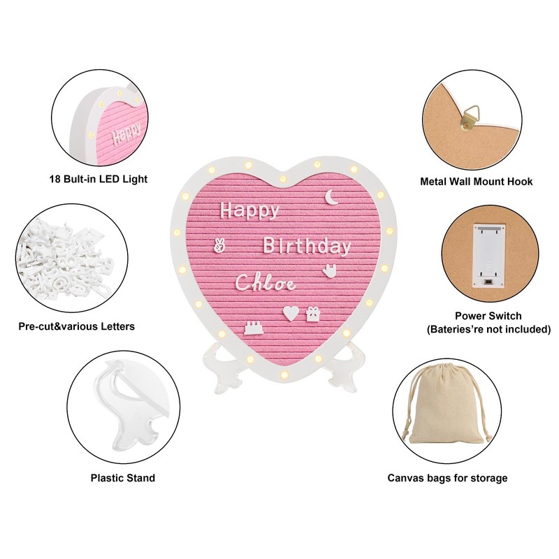 G GAMIT Heart-Shaped Felt Letter Board with Built-in LED Lights,10x10