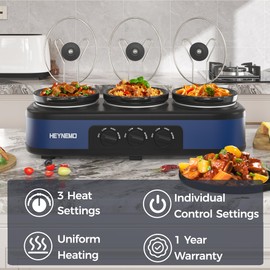 Triple Slow Cooker, 3×1.5 QT Buffet Servers and Warmers, 3 Pots Buffet Slow Cooker Adjustable Temp Lid Rests Stainless Steel Manual Silver for Parties Holidays Families,Blue