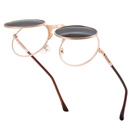 GYsnail Make the world clear Round Flip Up Sunglasses for Men, Flip-up Shades with Double Lenses, Small Hippie Eyewear, Rosegold, Small