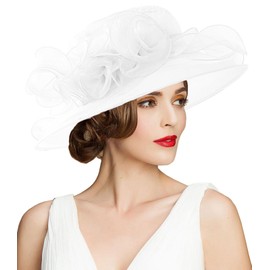RZTA Women's Kentucky Derby Church Dress Hat Wide Brim Leaf Flower Bridal Shower Hat, A8 White, One Size