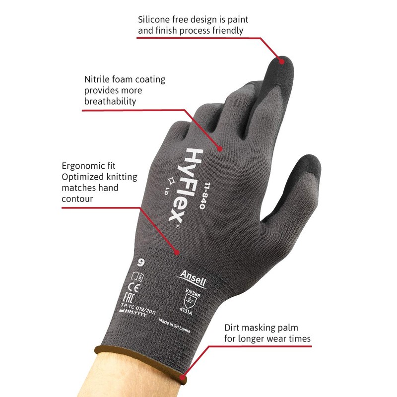 Ansell HyFlex 11-840 Work Gloves, Multi-purpose, Construction, Mechanic Glove Abrasion-resistant,