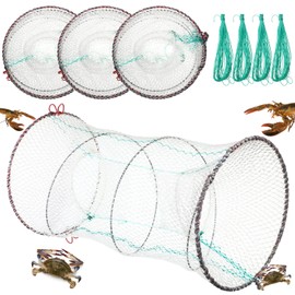 4 Pack Fishing Bait Trap Crab Trap Minnow Trap Crawfish Trap Lobster Trap Crayfish Shrimp Trap Net Portable Collapsible Fishing Traps with 49 Ft Rope Folded Fishing Accessories, 12 x 24 Inch (White)