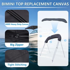 4 Bow Bimini Top Replacement Cover with Storage Boot, 600D Marine Grade Sun Shade Boat Canopy, Easy Install Zipper Sleeves Boat Awning, Without Frame, Black (8‘L 79''-84''W)