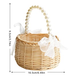 2 PCS Elegant Flower Girl Basket, Bowknot Satin Flower Basket with Pearl Handle and Ribbon Bow, Rattan Basket for Outdoor Picnic, Home and Wedding Decoration