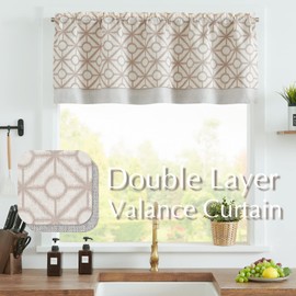 jinchan Linen Valance Curtain Geometric Kitchen Short Curtain Blackout Valance for Windows 18 Inch Double Layer Farmhouse Country Valance for Living Room Overlay Valance Rod Pocket 1 Panel Taupe