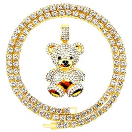 Mens Hip Hop Iced Out Chain Necklaces Silver Gold Monkey | Bear | Lion Pendant Chains Bling Rapper Jewelry (Gold Bear, Cuban Link Chain)