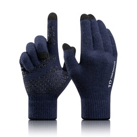 TRENDOUX Gloves for Men, Running Knit Touch Screen Glove Women Texting Smartphone Driving Work - Anti-Slip Grip - Thermal Lining - Hands Warm Cold Weather - Navy - XL