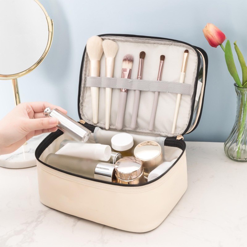Double Layer Makeup Bag Waterproof, Spacious Alloy Zippers Durable Handle