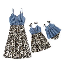 IFFEI Mommy and Me Dresses Matching Outfits Sleeveless Leopard Stitching Solid Tank Dresses Women L Blue