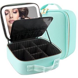 Travel Makeup Bag with LED Lighted Mirror, Travel Makeup Organizer, Makeup Case with 3 Color Lighted Setting and 10x Magnifying Mirror, Portable Storage and Adjustable Dividers Makeup Box(Pink) - Color: Green
