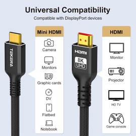 TEKERA 8K Mini HDMI to HDMI Cable 2M, High-Speed Mini HDMI Type-C to HDMI Cord, 8K@60Hz 4K@240Hz HDR, Compatible with Camera, DSLR, Raspberry Pi, Camcorder, Graphics Card, Monitor, Projector