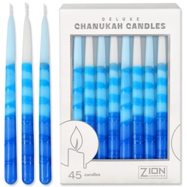 Zion Judaica Deluxe Chanukah Candles Set of 45 Ombre Blue and White Hanukkah Menorah Candles with Pop-Out Dreidel and Blessings Card