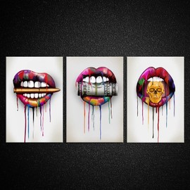 KREATIVE ARTS 3 Pieces Canvas Prints Abstract Lips with Bullet Money Dollars ...