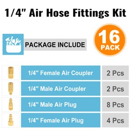 SUNGATOR Air Hose Fittings 1/4" NPT, 16-Piece Solid Brass Quick Connect Air Line Fittings, 1/4 Inch Compressor Accessories, Coupler and Plug Kit, 1/4'' Quick Connect Hose Repair Kit