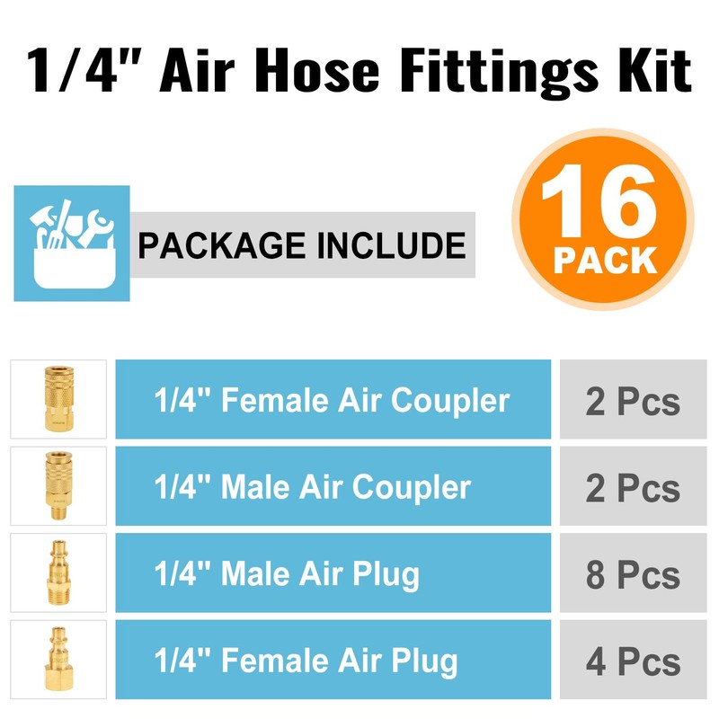 SUNGATOR Air Hose Fittings 1/4" NPT, 16-Piece Solid Brass Quick