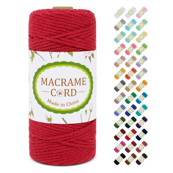LEREATI Macrame Rope, 0.1 inch (3 mm) x 392.4 ft (100 m), Natural Cotton, Macrame, Twine, Cotton Yarn, Thick Yarn, DIY, Hand-woven Rope, Wall Hanging, Potted Plant, Decoration, Knitting, Crafts (Red)