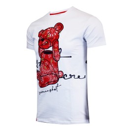 SCREENSHOT-S11122 Mens Hip-Hop Ultra Premium Quality Tee - Head Lifting Paisley Bandana Embroidery Cartoon Teddy Bear Print T-Shirt-White/Red-XLarge