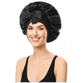 100% Silk Bonnet for Sleeping, 19 Momme Pure Mulberry Silk Hair Wrap with Tie Band Stay On Head, Silky Hair Bonnet for Women, Reduce Frizz (Black)