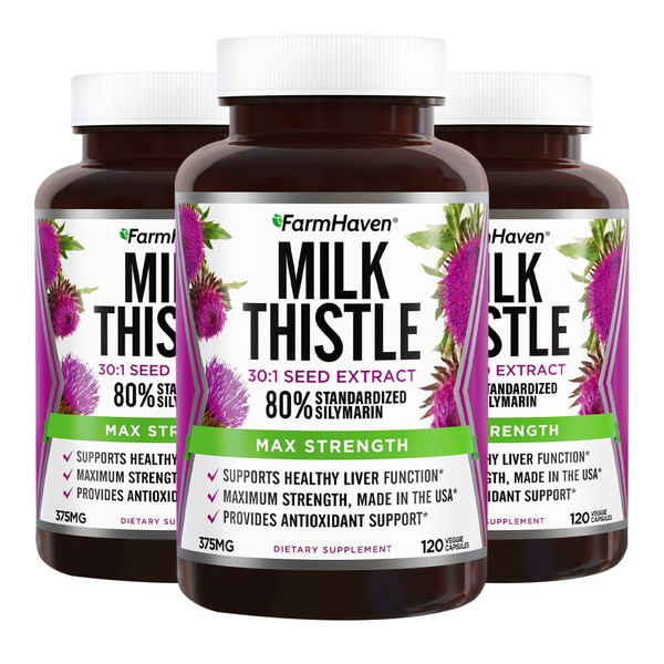 FarmHaven Silymarin Milk Thistle Capsules | 11250mg Strength | 30X Concentrated Seed Extract & 80% Standardized Silymarin| Non-GMO | 120 Veggie Capsules, Pack 3