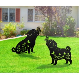 Pug Metal Decorative Garden Stakes for Memorial Yard Art, Lawn Ornaments,Outside, Patio, Outdoor Decor, Garden Decorations 2 PCS