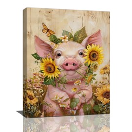 Pig Wall Decor Rustic Sunflower Farmhouse Pictures Funny Pigs Canvas Wall Art Painting Home Modern Artwork Decorations Framed for Living Room Bedroom Bathroom Office 12 x 16 inch