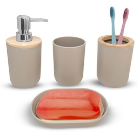 KOOLMARK Accesorios para Baño Juego de 4 Accesorios De Baño, Dispensador de Jabón, Porta Cepillos y Vaso, Diseño Elegante y Funcional (Beige)