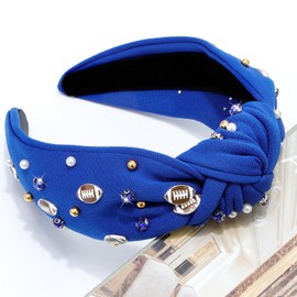 CIEHER Football Headband Wide Knotted Headband for Women Crystal Baseball Headband Fun Sports Team Game Day Twisted Knot Hairband Hair Accessories for Football Fans (Blue)