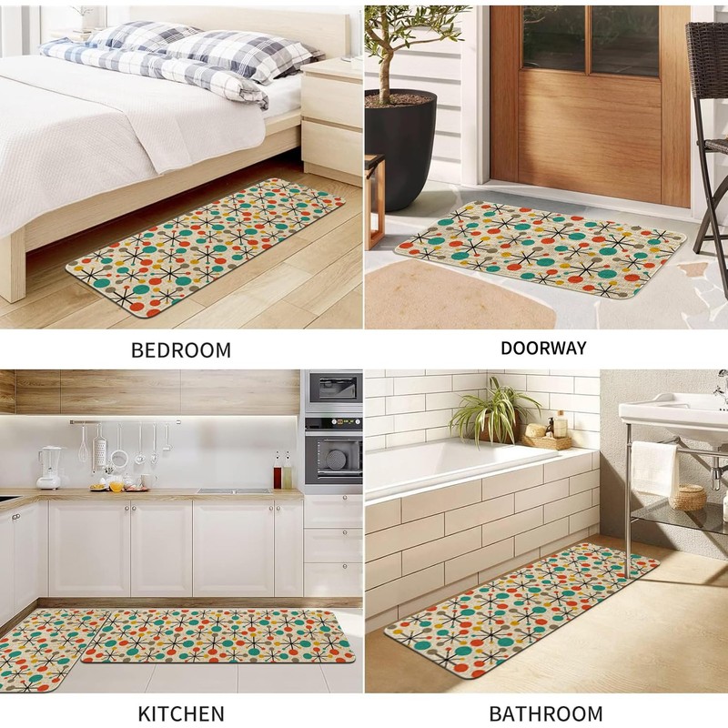 HSOWKDN Mid Century Atomic Kitchen Rugs Sets of 2 Non
