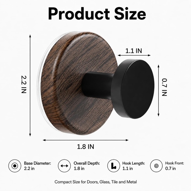 Wreath Hangers for Front Door, 3-Pack Walnut Adhesive Hooks