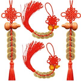 Feng Shui Decor Tai sui Metal Coins Amulet,Wooden Gourd Pure Copper Five Emperor Coin Tassel feng Shui amule,it is Suitable for Cars,Furniture,Bags,Homes,and Offices（4PCS