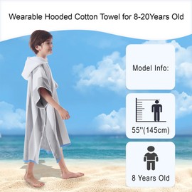 VOOVA & MOVAS Big Kids Hooded Bath Towels - Girl | Teens Pool Towel Poncho Towel Robe (8-16Years), Large Thick and Absorbent Cotton - Versatile for Pool, Swim, and Bath, Grey and White Wide Cabana