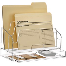 SANRUI Clear Desk Organizer Holder with Drawers, Acrylic Desktop Manila folders File Mail Sorter Box, Office Desk Accessories & Workspace Envelope Bill Letter Organization Racks, 3 Compartments