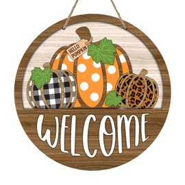 Bolisom Welcome Fall Thanksgiving Hello Pumpkin Front Door Sign, Autumn Polka Dots Plaid Leopard Wood Hanger Outdoor Outside Porch Home Decor, Farmhouse Wooden Wreath Indoor Wall Hanging Decoration
