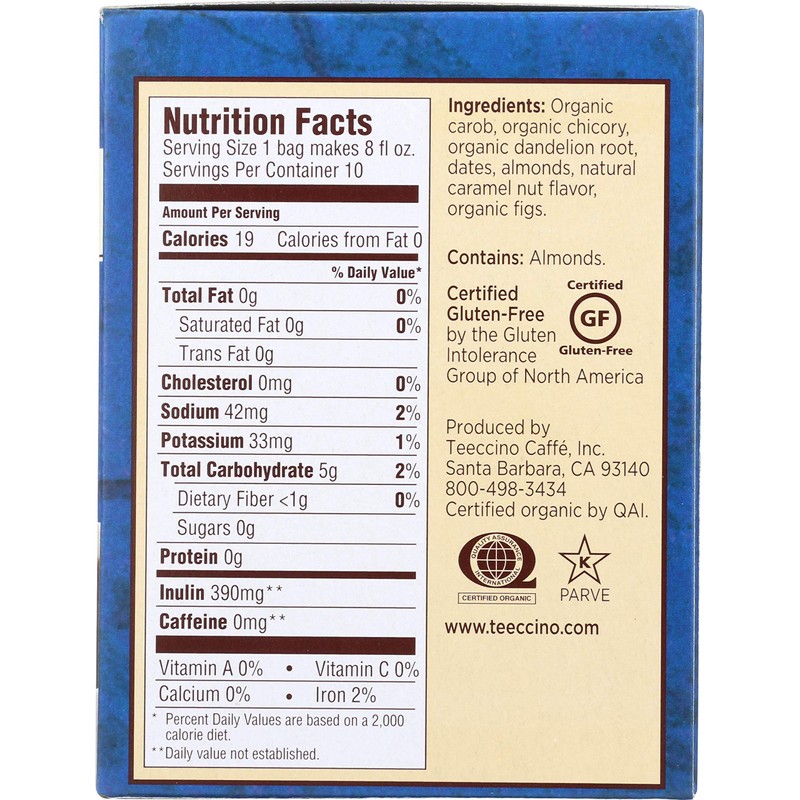 Teeccino Dandelion Caramel Nut Chicory Herbal Tea Bags, 10 Count