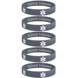 Blood THINNER Medical Alert Identification Privacy Enhanced Silicone Bracelets Grey 5 Pack