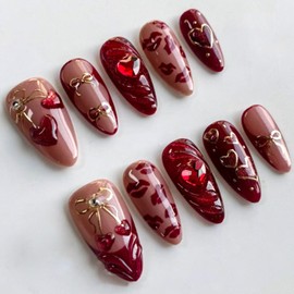 Almond Press on Nails Medium Fake Nails with 3D Heart Rhinestones Bow Designs French Tip Nails Press ons Glossy Red Acrylic Winter False Fall Stick on Nails for Women 24Pcs