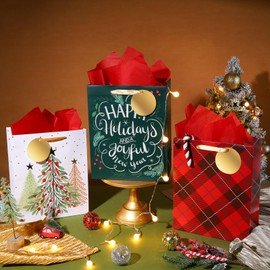 LaRibbons 13" Large Christmas Gift Bags with Red Tissue Paper and Tags – 3 Pack Holiday Bags, Red Plaid, Tree & Happy Holidays Design, Perfect for Family, Friends, Teachers, Coworkers