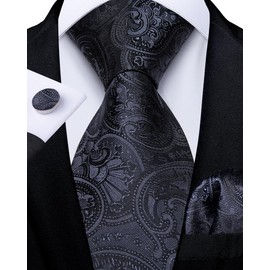 DiBanGu Mens Adjustable Zipper Ties, Woven Paisley Striped Plaid Necktie and Pocket Square Cufflinks Set Pre-tied Wedding Tie, Black